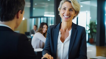 Handshake between smiling businesswoman and client at office meeting. Mid aged female manager or hr hiring new recruit, bank or insurance agent, or lawyer making contract deal at work