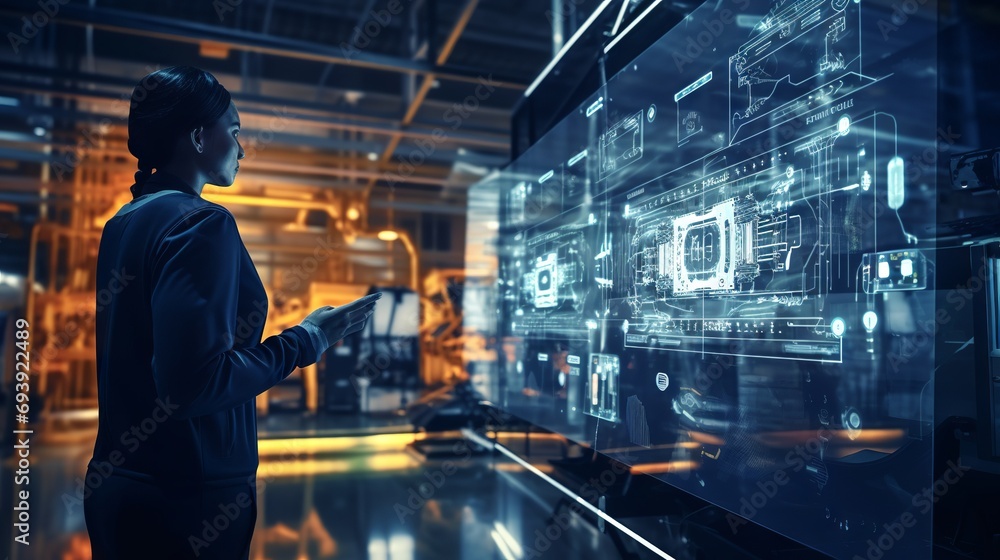 Poster Industry 4.0: project engineer and female operator working together on smart factory production line with AI and machine learning technology