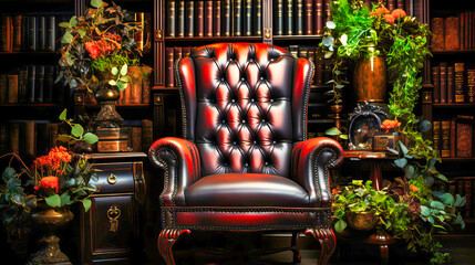 Moody Home Office with Dark Walls, Wooden Desk, and Leather Chair, Intellectual Realm,