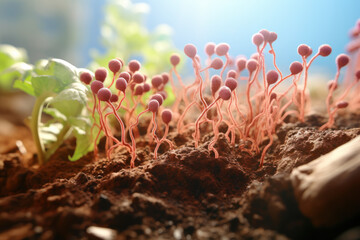 An image of nitrogen-fixing bacteria in the root nodules of leguminous plants, showcasing the symbiosis that enhances soil fertility. Generative Ai. - obrazy, fototapety, plakaty
