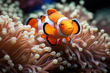 Naklejka na ściany i meble An image of a clownfish nestled among the tentacles of a sea anemone, exemplifying the symbiotic protection and shelter provided by the anemone. Generative Ai.