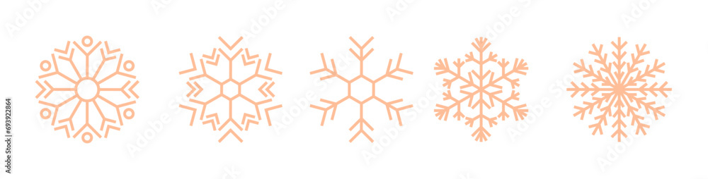 Poster snowflakes collection in trendy peach fuzz color isolated on transparent background. editable stroke