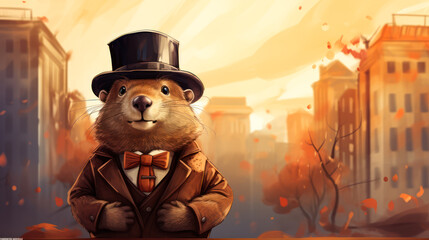 Illustration from groundhog walking outside in gentleman dress at spring - obrazy, fototapety, plakaty