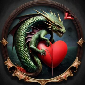 Dragon with Red Heart. Green Dragon in circle. Wallpaper with dragon and hearts. valentines day art with new year symbol