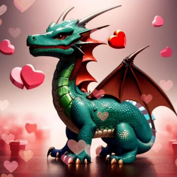 Dragon in Red Hearts. Green Dragon and red wings. Wallpaper with dragon and hearts. valentines day art with new year symbol.