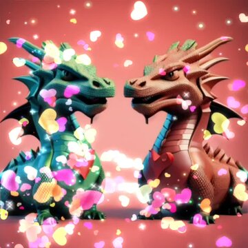 Couple of the Dragons and Red Hearts. Green and Red Dragons. Dragon she and he. Wallpaper with dragon and hearts. valentines day art with new year symbol.