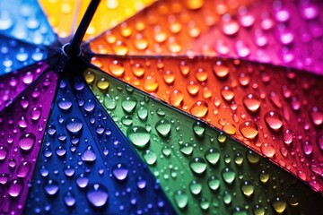 Close-up of raindrops on a colorful umbrella