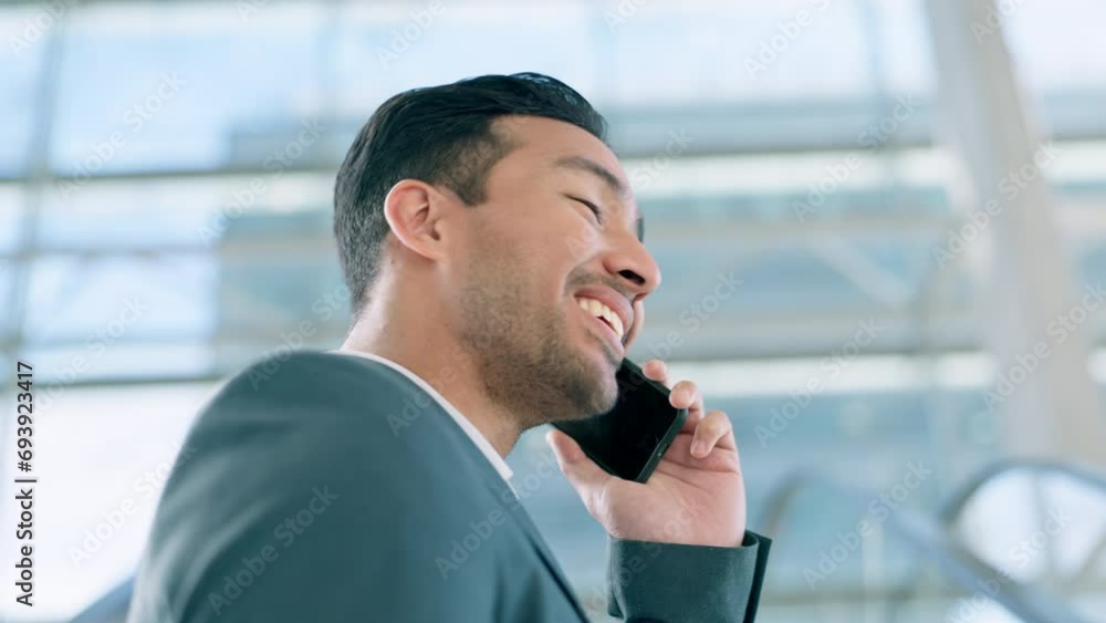 Poster thinking, phone call and business man talking, chat and conversation in office. smartphone, idea and