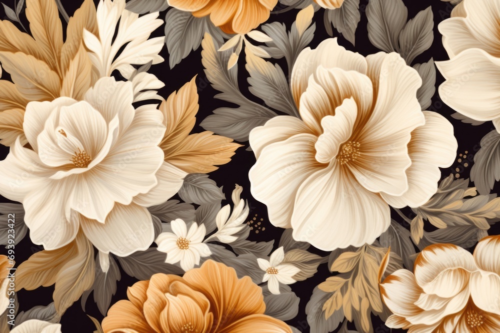 Poster A pattern of orange and white flowers on a black background. Perfect for adding a pop of color to any design project