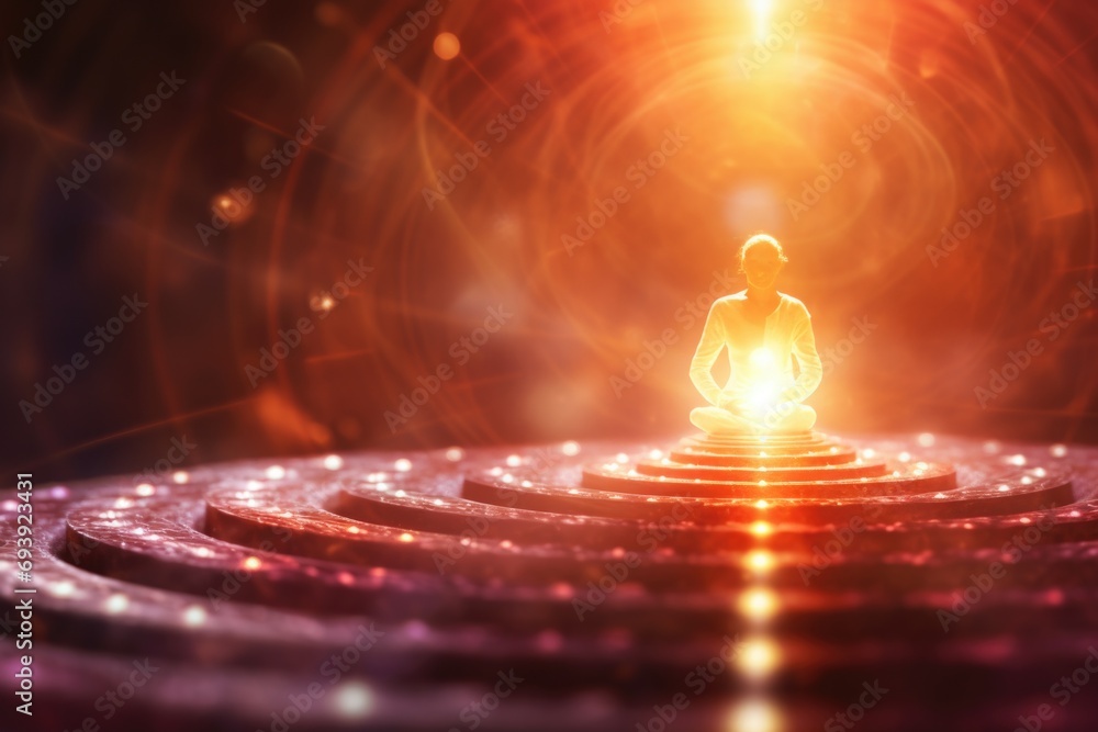 Poster a person sitting in a meditation position in front of a bright light. suitable for wellness and mind