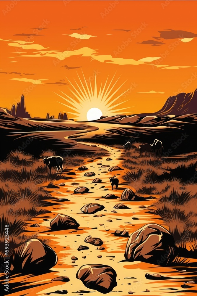 Aufkleber a beautiful painting capturing the colors of a sunset over a desert landscape. perfect for adding a 