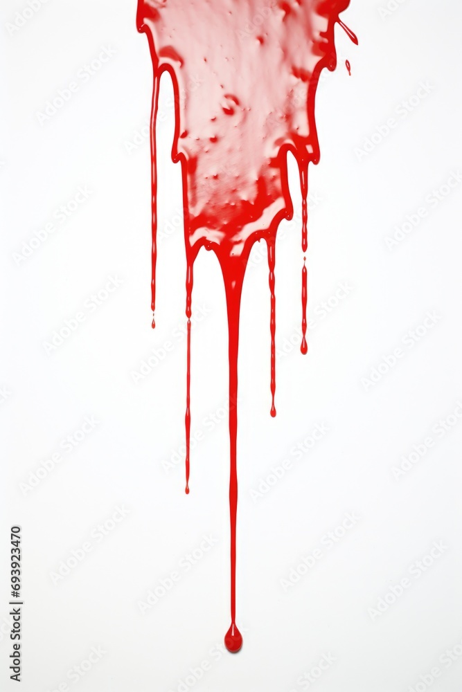 Poster a striking image of red liquid dripping down a clean white wall. perfect for illustrating concepts o