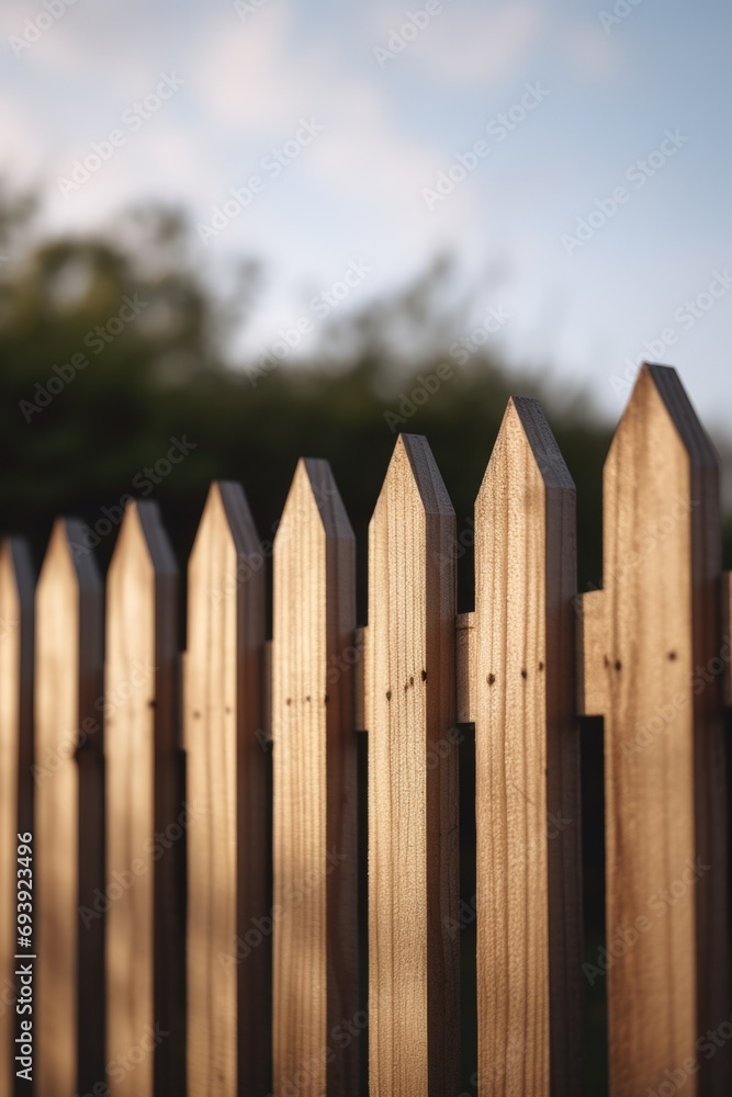 Aufkleber Close-up view of a wooden fence with a picturesque backdrop of trees. Perfect for adding a touch of rustic charm to any project