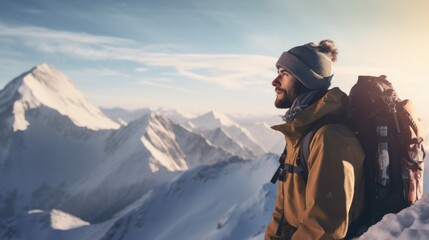 A man standing on top of a snow covered mountain. Perfect for outdoor adventure and winter sports...