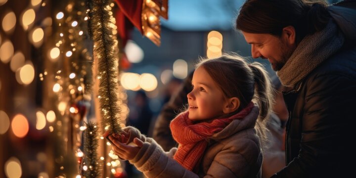 A woman and a little girl are seen looking at lights. This image can be used to depict wonder, awe, family bonding, or holiday celebrations