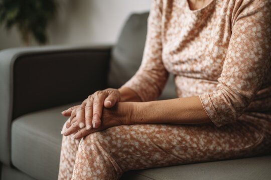 A woman sitting on a couch, holding her hands. This image can be used to depict relaxation, reflection, or contemplation