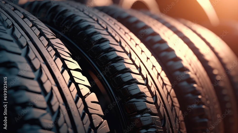 Poster A close up view of a row of tires. This image can be used to showcase different tire patterns and textures.