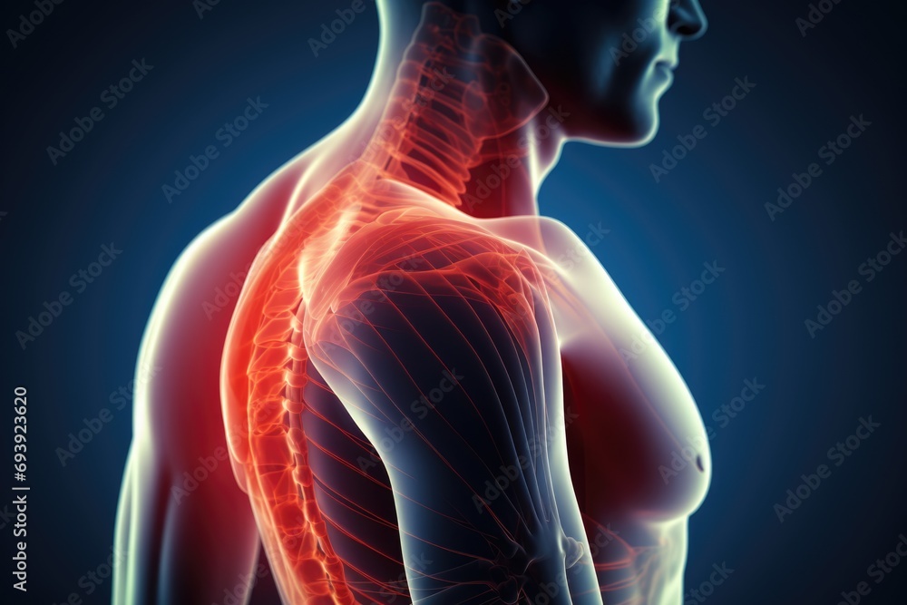 Poster A close-up view of a man's back and neck with a highlighted skeleton. This image can be used to illustrate anatomy, medical education, or health-related topics