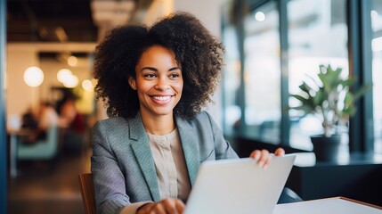 Portrait of a smiling African American businesswoman with laptop and phone in modern office. Confident freelancer working online from home. - obrazy, fototapety, plakaty