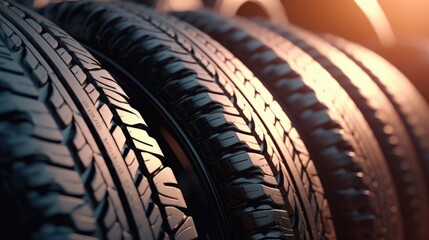A close up view of a row of tires. This image can be used to showcase different tire patterns and textures. - Powered by Adobe