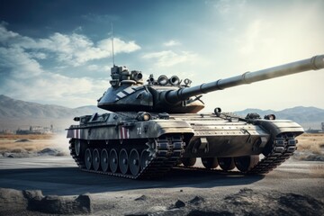 Tank driving down a road in the desert. Suitable for military or war-related projects