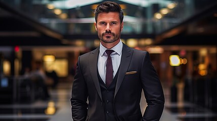 Fototapeta premium Portrait of a smiling business leader in a suit and tie, standing confidently in front of a modern office building