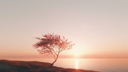 A lone tree sits atop a hill overlooking the vast ocean. Perfect for landscape and nature themes - Powered by Adobe