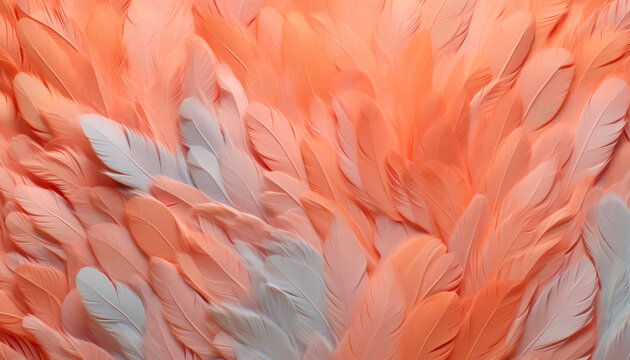 textured impasto painting , flamingo  feathers in  peach fuzz color  of the year  2024 