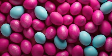 A pile of pink and blue eggs stacked on top of each other. Perfect for Easter decorations or spring-themed designs