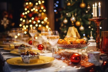 A table set for a Christmas dinner with a festive Christmas tree in the background. Perfect for holiday-themed designs and advertisements