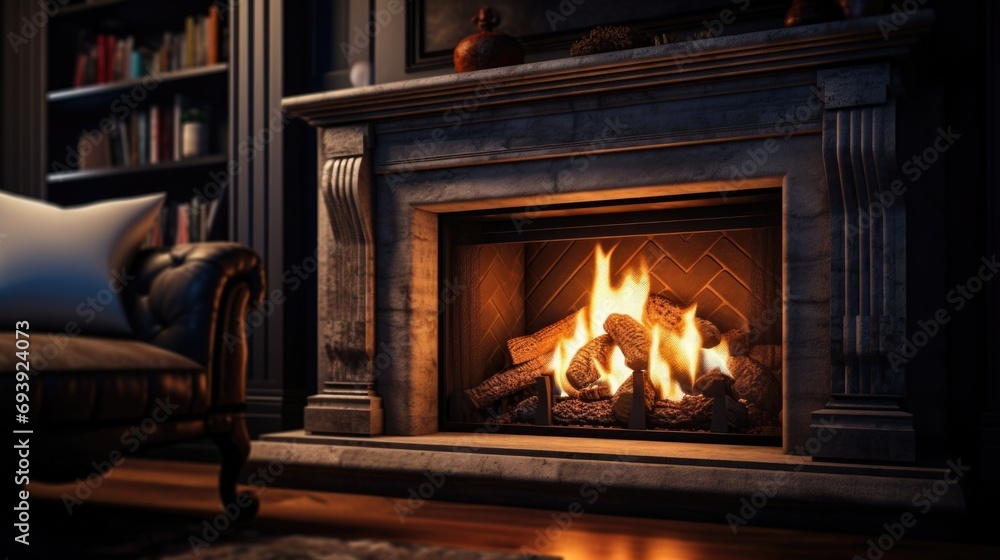 Poster a warm fire crackles in a fireplace, creating a cozy atmosphere in a living room. perfect for adding