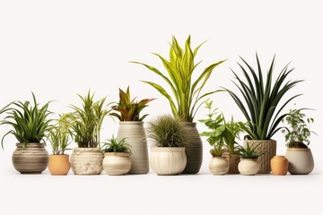 A row of potted plants displayed on a clean white surface. Perfect for interior design, gardening, or home decor projects