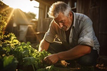 Fototapeta premium A man is kneeling down in a vegetable garden. This picture can be used to illustrate gardening, sustainable living, and organic farming