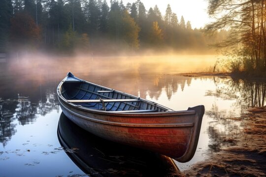 A picture of a boat sitting on top of a serene lake next to a beautiful forest. Suitable for nature and travel themes