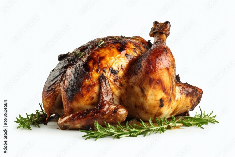 Poster a mouthwatering image of a whole chicken with a fresh sprig of rosemary on the side. perfect for foo