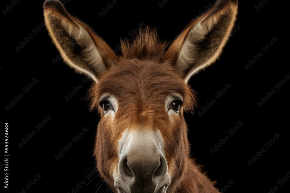 Poster A close-up view of a donkey's face on a black background. Suitable for various applications