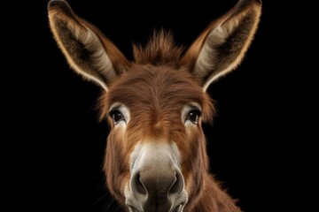 A close-up view of a donkey's face on a black background. Suitable for various applications