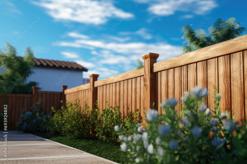 Poster a picture of a wooden fence with beautiful blue flowers in the foreground. perfect for adding a touc