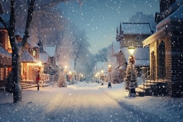 A snowy street in a small town at night. Perfect for winter-themed designs and holiday greetings