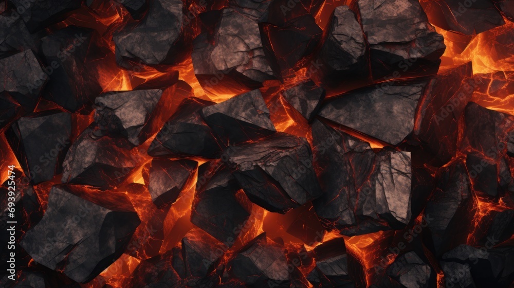 Poster a close up image capturing the intense flames engulfing a collection of rocks. perfect for illustrat