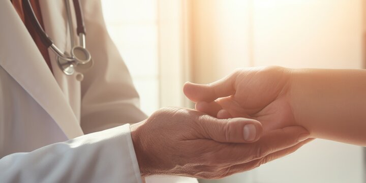 A caring doctor holds the hand of a patient, offering comfort and support. This image can be used to depict compassion, trust, and the doctor-patient relationship