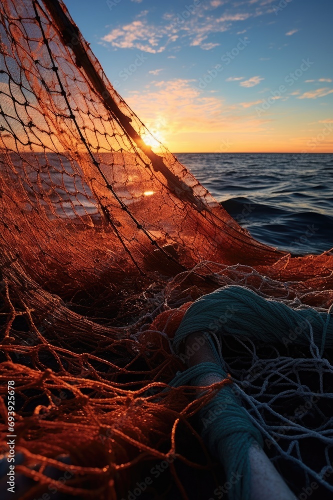 Poster a fishing net on a boat with the sun setting in the background. perfect for depicting the beauty of 