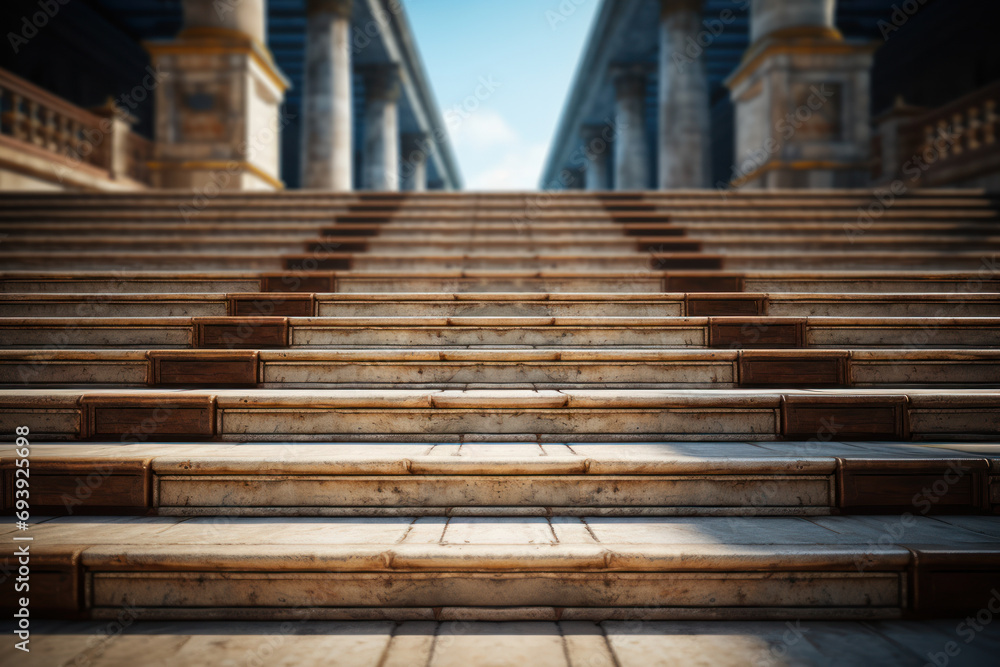 Poster a visual paradox of a staircase leading both up and down simultaneously, creating a sense of perpetu