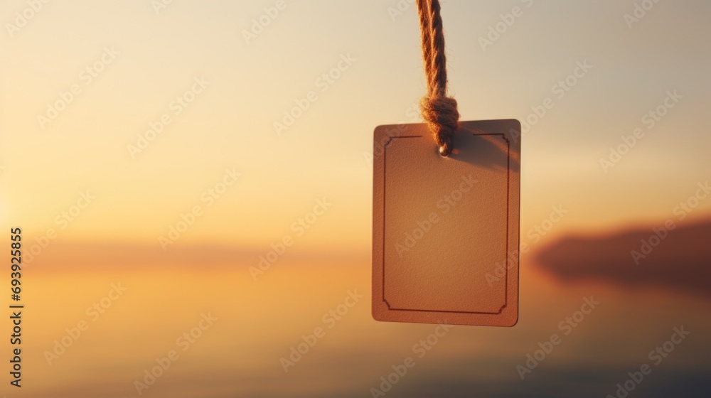 Poster a tag hanging from a rope over a body of water. perfect for illustrating concepts related to adventu