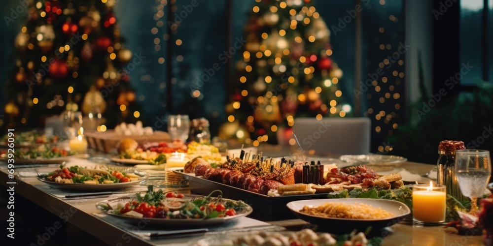 Poster a long table filled with plates of food. perfect for showcasing a delicious spread for a meal or eve