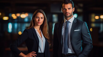 Portrait of two business people in suit standing together in a modern office building