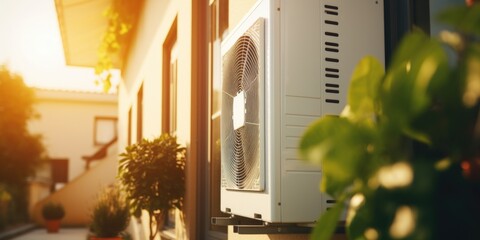 A white air conditioner sitting on the side of a building. Suitable for architectural, HVAC, or real estate-related projects - Powered by Adobe