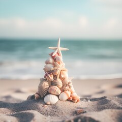 Small seashell christmas tree on the beach