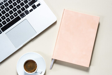 bright feminine banner or header with a coffee, stylish workspace with laptop computer, modern...