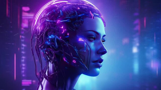 Synthwave tech Artificial android human with a neon violet halo around the head. 3D in cyberpunk sci-fi style. - Seamless loop animation, created using AI Generative Technology